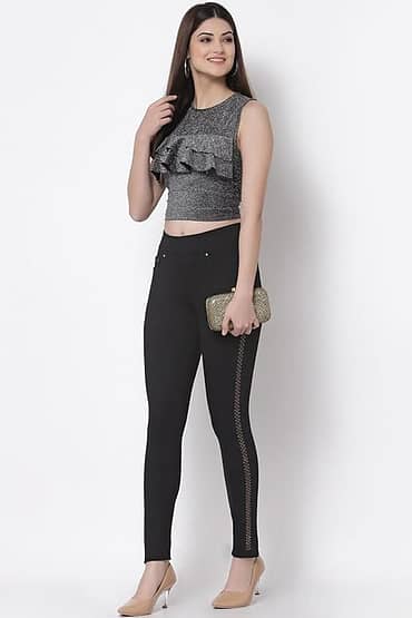 Jeggings Stretchable Slim fit Side 4 Stone Patti Crystal Work Black