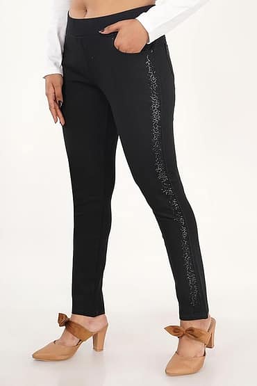 Jeggings Stretchable Slim Fit Scribbled Stones Crystal Work Black