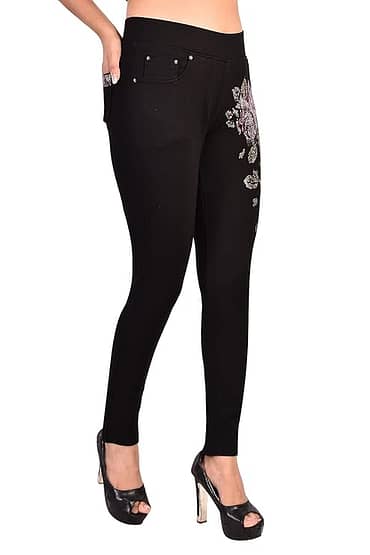 Multi Flower Crystal Work Jeggings Stretchable Slim fit Black