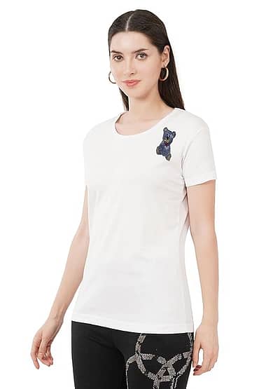 T-Shirt Half Sleeves Round Neck Design Teddy Bear Crystal Work Color  White Size (S-4XL)