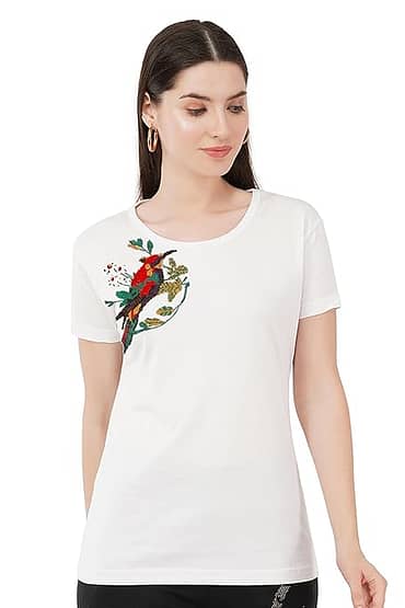 T-Shirt Round Neck Cotton, Half Sleeves Bird On Tree Design Crystal Work Color Black, Red, Dark Green, White, Size ( S-4XL)