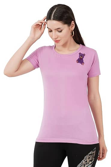T-Shirt Half Sleeves Round Neck Design Teddy Bear Crystal Work Color  Lavender Size (S-4XL)