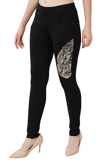 Jeggings Stretchable Slim fit Design Panther Pro Crystal Work Black