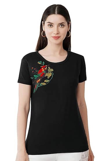 T-Shirt Round Neck Cotton, Half Sleeves Bird On Tree Design Crystal Work Color Black, Red, Dark Green, White, Size ( S-4XL)