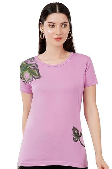 T-Shirt Round Neck Cotton, Half Sleeves Multi Color Leaf Design Crystal Work Color Beige, Light Pink, Lavender  Size ( S-4XL)