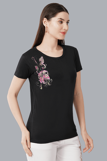 T-Shirt Round Neck Cotton, Half Sleeves Crystal Work Blue Floral Design Size (S-4XL)