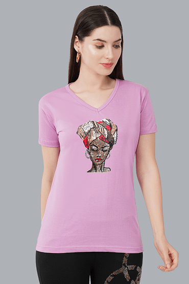 T-Shirt Round Neck Cotton, Half Sleeves Turbon Girl Face Crystal Work Size ( S-4XL)