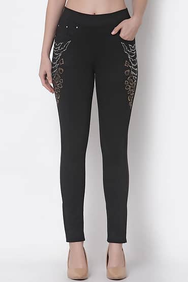 Jeggings Stretchable Wild Cat Pattern Motif Crystal Stone Work