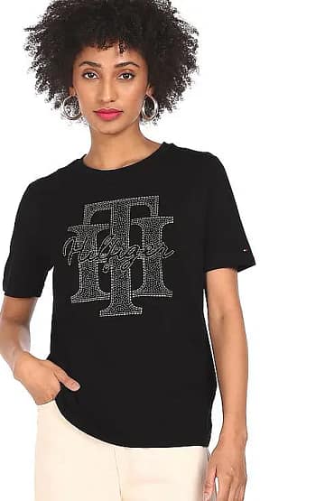 Women Black V-Neck Crystal Logo T-Shirt