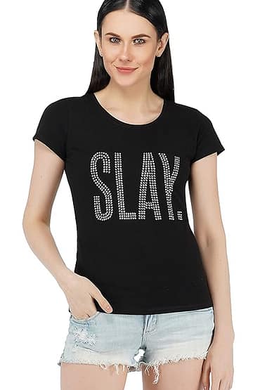 Women's T-Shirt Crystal Embellished Silver Crystals on Cotton