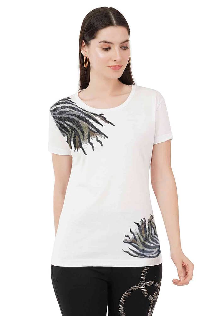 T-Shirt Round Neck Half Sleeves Multi Flower Design Crystal Work Size (S-4XL)