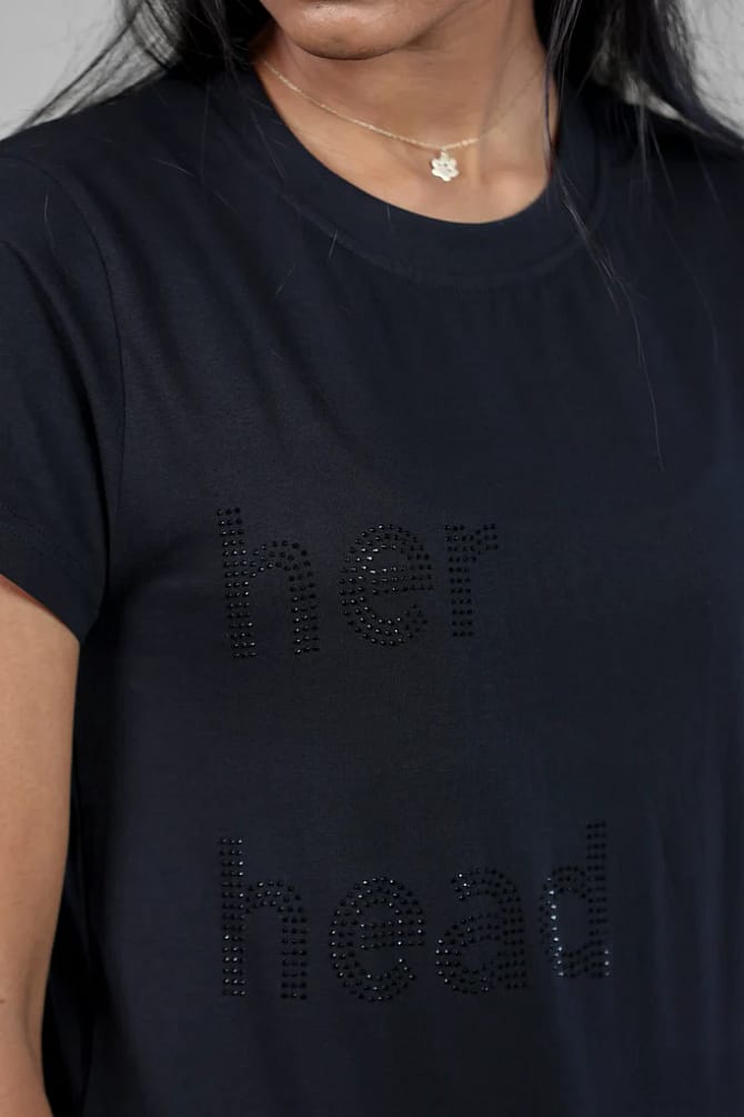 Crystal Embellished Black T-Shirt for Women Crew Neck Size ( S- 4XL )