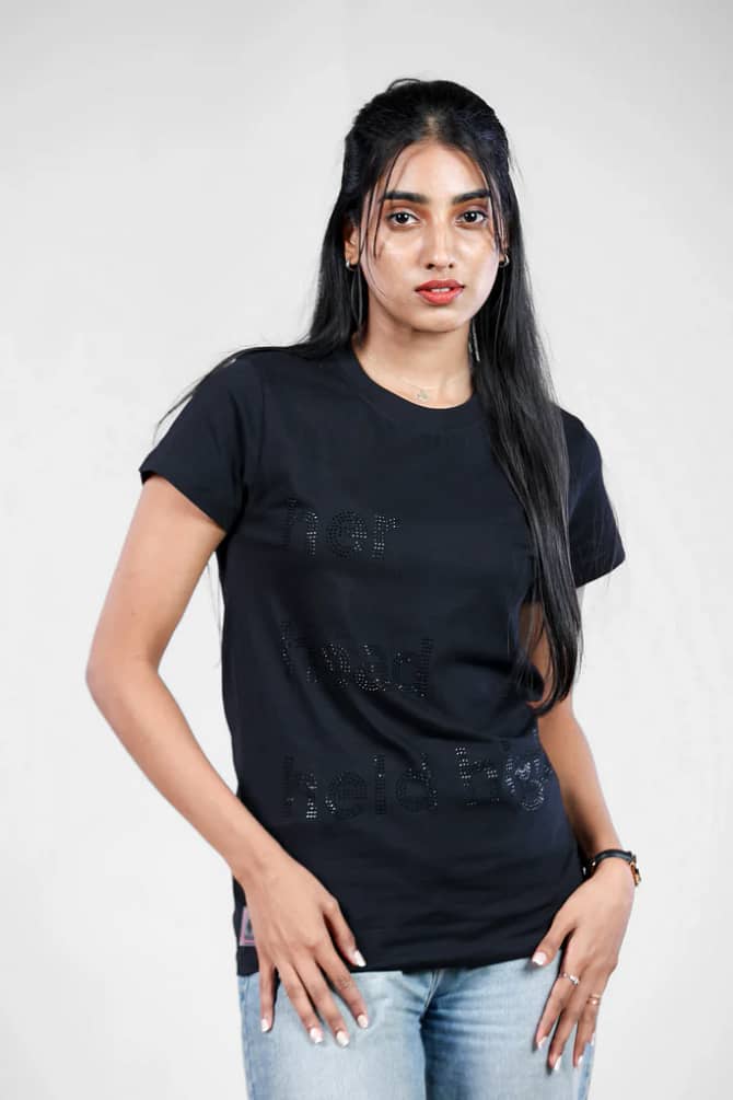 Crystal Embellished Black T-Shirt for Women Crew Neck Size ( S- 4XL )