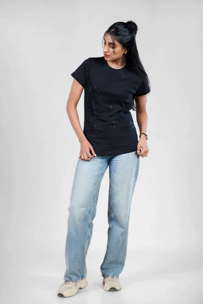 Crystal Embellished Black T-Shirt for Women Crew Neck Size ( S- 4XL )