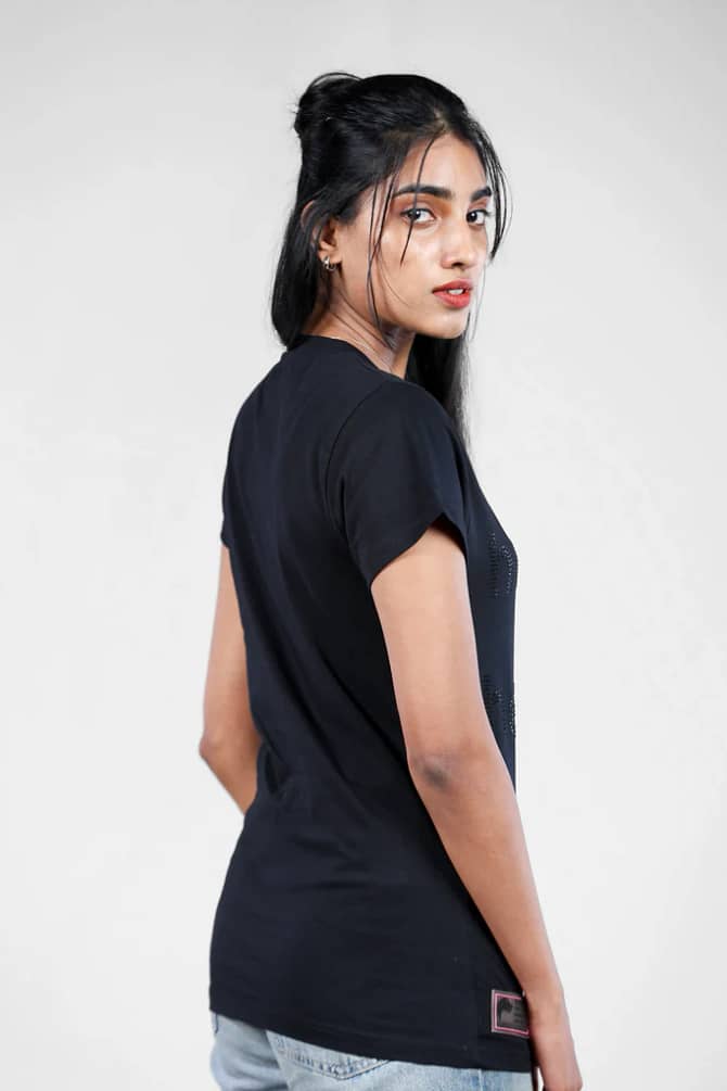 Crystal Embellished Black T-Shirt for Women Crew Neck Size ( S- 4XL )