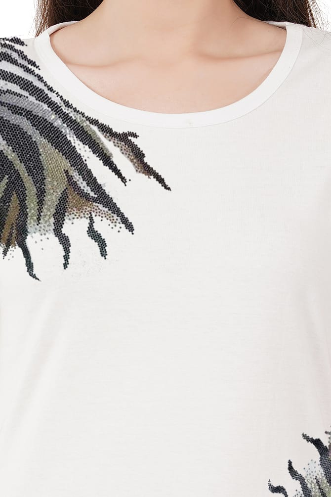 T-Shirt Round Neck Half Sleeves Multi Flower Design Crystal Work Size (S-4XL)