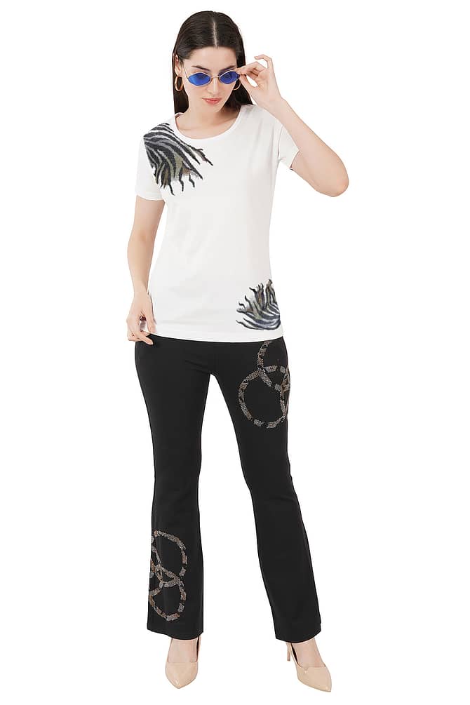 T-Shirt Round Neck Half Sleeves Multi Flower Design Crystal Work Size (S-4XL)